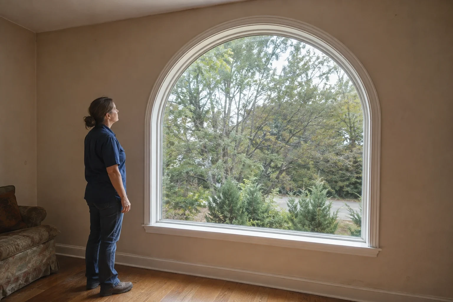 Woman looking at a large arched window with a white frame.